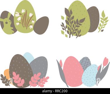 Colorful Easter Eggs Doodle Set Decorations. Spring Flowers. Bright Colors. Great for postcard, fabric, holiday ideas Stock Vector