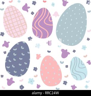 Colorful Easter Eggs Doodle Set Decorations. Spring Flowers. Bright Colors. Great for postcard, fabric, holiday ideas Stock Vector