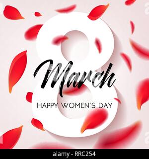 Happy Womens Day - March 8, congratulatory banner with petals of red roses on a white background. Vector illustration. Stock Vector