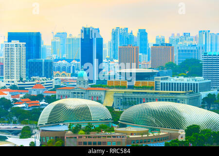 Singapore aerial skyline with Esplanade by the Bay view and skyscrapers of modern architecture Stock Photo