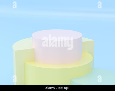 Empty yellow, pink round pedestal for display. Platform for design in studio. Stock Photo