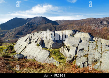 Rôche moutonnée is a rock formation created by the erosion of a passing glacier. This particular formation is in the Nant Ffrancon valley, Snowdonia. Stock Photo