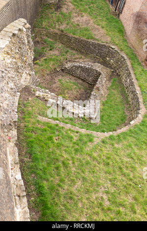 Excavated Roman remains in York, England. The walls are part of the Roman fort of Eboracum. Stock Photo