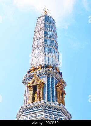 Beautiful Blue Pagoda Against on The Sky in Wat Phra Kaew Temple and The Grand Palace at Bangkok, Thailand. Stock Photo