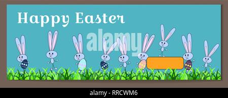 Vector horizontal banner for Happy Easter with painted eggs and bunnies. Rabbits hold eggs with a floral pattern. Ornament of the evil grass. Place fo Stock Vector