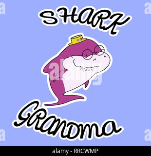 Family sharks. Grandma shark. In a straw hat with flowers. Cute cartoon purple character with eyeglasses of sea animals. Sticker isolated on white con Stock Vector
