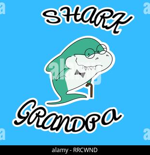 Family sharks. Grandpa shark cane and bow tie. Cute cartoon green character with eyeglasses of sea animals. Sticker isolated on white contur. Blue bac Stock Vector
