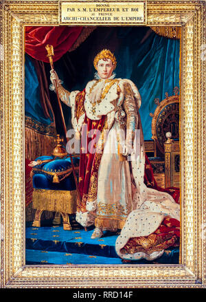 Portrait of Emperor Napoleon I in coronation robes, tapestry, after a painting by Baron Francois Gerard, circa 1808 Stock Photo