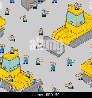 Bulldozer and workers pattern seamless. Road working background. Stock Vector