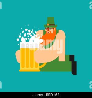 Leprechaun and Beer mug ale. St. Patricks Day character. Irish holiday. Dwarf in green hat Stock Vector