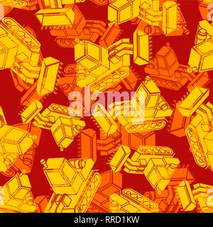 Bulldozer Army Orange pattern seamless. Grader Military background. Agrimotor khaki ornament. Tractor Protective texture . Childrens Fabric Stock Vector
