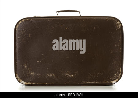 Shabby vintage brown suitcase isolated on white background Stock Photo