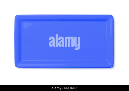 Empty blue violet cornered plate isolated on white background, view directly from above, clipping path included Stock Photo