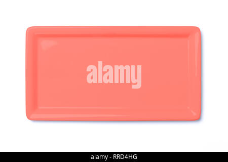 Empty red rose cornered plate isolated on white background, view directly from above, clipping path included Stock Photo