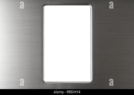 Blank screen on modern steel colored fridge or freezer as a control panel. Internet of things abstract concept. Stock Photo