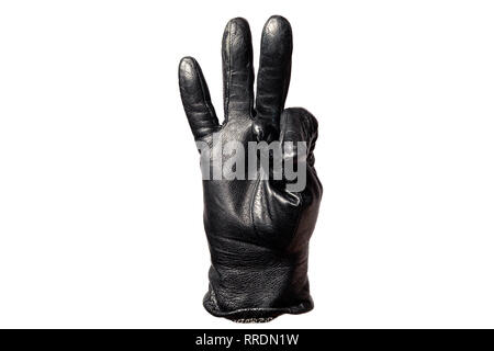 Close-up black leather glove, fingers showing number three. Isolated on white background. Concept symbols, signs, numbers Stock Photo