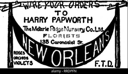 . Florists' review [microform]. Floriculture. Decatur, 111. 141 MERCHANT ST. MEMBER F. T. D. GOOD SERVICE BACKED BY LARGE GREENHOUSES. NEW ORLEANS, LA. CHAS. EBLE OLDEST FLORIST SOUTH 121 BARONNE STREET Member Florists' TelcBraph Delivery.. Please note that these images are extracted from scanned page images that may have been digitally enhanced for readability - coloration and appearance of these illustrations may not perfectly resemble the original work.. Chicago : Florists' Pub. Co Stock Photo