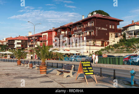 Nesebar, Bulgaria - July 20, 2014: Cityscape of old Nessebar town. Ordinary people walk the street Stock Photo