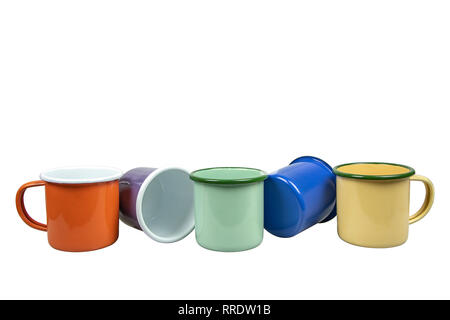 Colourful of tin cups on white background. Stock Photo