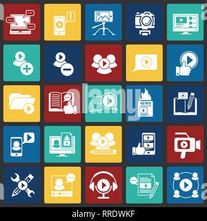 Video Blog icons set on color squares background for graphic and web design, Modern simple vector sign. Internet concept. Trendy symbol for website design web button or mobile app. Stock Vector