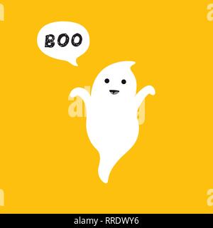 Happy flying Ghost with white speech bubble Boo. Smiling face, hands. Flat design. Stock Vector