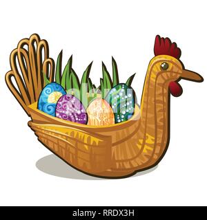 Wicker basket form of chicken bird with set of colorful eastern eggs inlaid with precious stones isolated on white background. Vector cartoon close-up Stock Vector