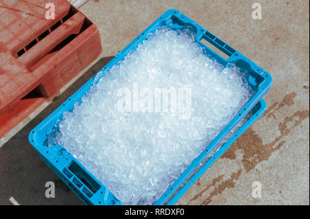 A box of crushed ice used to keep fish fresh once it's been unloaded from the fishing boats, on the quayside at the Port of Denia, Spain. Stock Photo