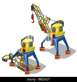 Repair and launch of broken lifting crane isolated on white background. Vector cartoon close-up illustration. Stock Vector
