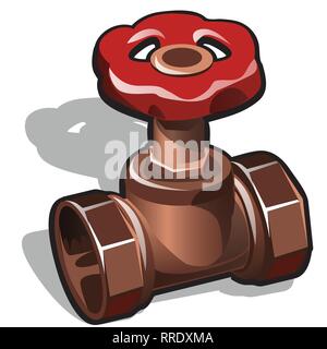 Industrial copper or brass water valve isolated on a white background. The element of water communications. Vector cartoon close-up illustration. Stock Vector