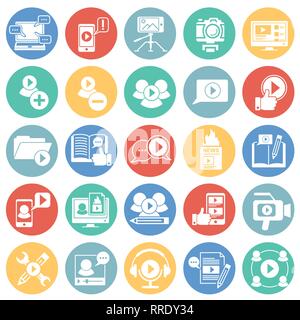 Video Blog icons set on color circles white background for graphic and web design, Modern simple vector sign. Internet concept. Trendy symbol for website design web button or mobile app. Stock Vector