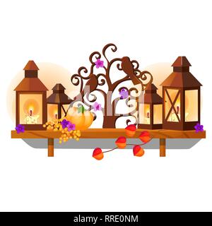 Wooden wall shelf in the shape of a tree with birds and lamps with burning candles isolated on white background. Vector cartoon close-up illustration. Stock Vector