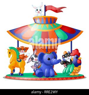 Cute funny animated animals ride the carousel isolated on white background. Merry-go-round. Vector cartoon close-up illustration. Stock Vector