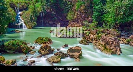 Long exposure panorama of the cascades and waterfalls of Semuc Champey in the Peten jungle and rainforest of Guatemala, Central America. Stock Photo