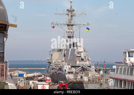 The destroyer Donald Kook in the port of Odessa.(USS Donald Cook (DDG-75) Odessa. Ukraine. 2019.02.25. Black Sea. Stock Photo