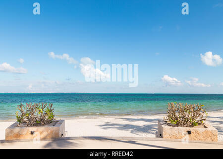 Hotel patio with plants growning looking out onto a white sand beach near Cancun, Mexico. Stock Photo