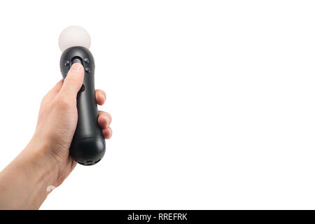 joystick gamepad in the player's hands isolated on white background Stock Photo