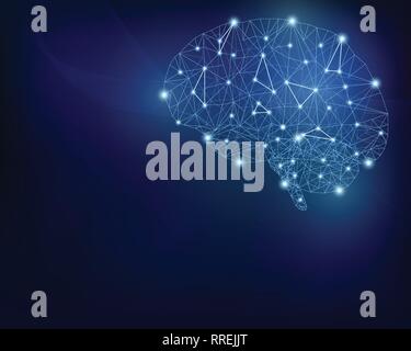 Brain from polygon mesh, with light points. Stock Vector