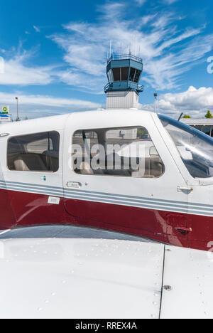 Close-up of twin-engine airplane cabin at Gig Harbor Airport in Washington. Stock Photo