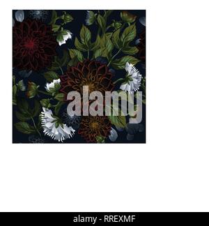Modern trendy seamless floral pattern of burgundy dahlias and white peonies. Stock Vector