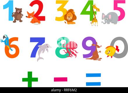 Cartoon Illustration of Numbers Set from Zero to Nine with Cute Animal Characters Stock Vector