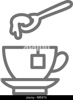 Cup of tea with honey spoon line icon. Stock Vector