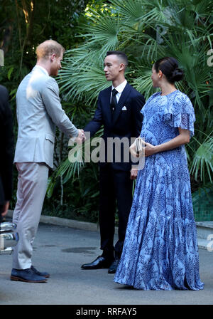 The Duke and Duchess of Sussex shake hands with the Crown Prince of Morocco, Moulay Hassan, after leaving the residence of the The King of Morocco in Rabat, following an audience with him, on the third day of their tour of Morocco. Stock Photo