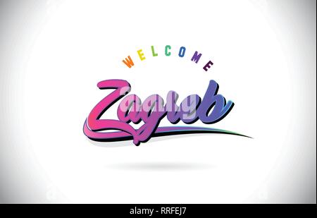 Zagreb Welcome To Word Text with Creative Purple Pink Handwritten Font and Swoosh Shape Design Vector Illustration. Stock Vector