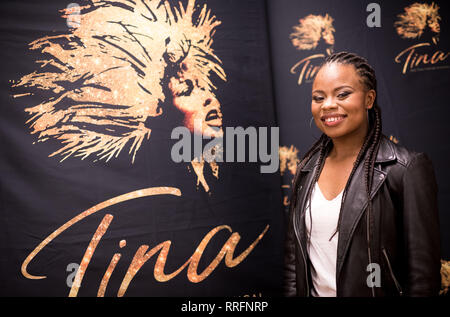 31 January 2019, Hamburg: The singer Christina Love, leading actress of the Tina Turner musical 'Tina', stands next to an advertising board in an interview with the German Press Agency. On March 3, the musical about the Rock Queen will celebrate its German premiere at the Stage Operetta House on Hamburg's Reeperbahn. (to dpa 'Tina Turner actress Kristina Love - A power woman for Hamburg') Photo: Christian Charisius/dpa Stock Photo