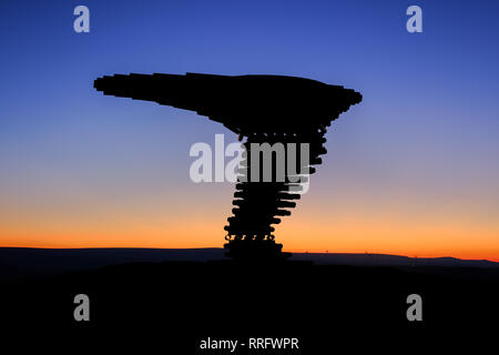 Burnley, UK. 26th February 2019. UK Weather. There was a stunning sunrise at The Singing Ringing Tree near Burley in Lancashire as the fine February weather continued. The Singing Ringing Tree is a wind powered sound sculpture resembling a tree set in the landscape of the Pennine hill range overlooking Burnley, in Lancashire. Burnley's Panopticon, 'Singing Ringing Tree', is a unique musical sculpture which overlooks Burnley from its position high above the town on Crown Point. Credit: Paul Melling/Alamy Live News