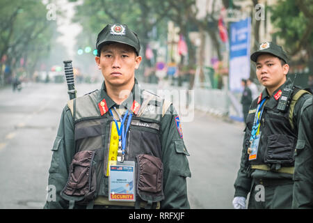 Hanoi, Vietnam. 26th Feb, 2019. Security personnel guard the route where Kim Jong Un’s motorcade will arrive at the Melia Hotel. The North Korean ruler arrived in Vietnam a day before the DPRK-USA Hanoi Summit, the second meeting between US President Donald Trump and Kim, scheduled for 27-28 February in Hanoi. Credit: barbara cameron pix/Alamy Live News Stock Photo