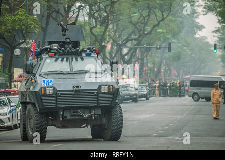 Hanoi, Vietnam. 26th Feb, 2019. An armoured tank operated by the Vietnamese Police guards the route as Kim Jong Un's motorcade arrives at the Melia Hotel. The North Korean ruler arrived in Vietnam a day before the DPRK-USA Hanoi Summit, the second meeting between US President Donald Trump and Kim, scheduled for 27-28 February in Hanoi. Credit: barbara cameron pix/Alamy Live News Stock Photo