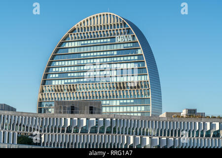 Madrid, Spain - January 30, 2018 : 'La Vela' building BBVA bank headquarters modern building in 'Las Tablas' district. Designed by Pritzker Prize winn Stock Photo