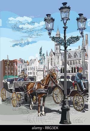 View on Grote Markt square in medieval city Bruges, Belgium. Landmark of Belgium. Horses, carriages and lanterns on market square in Bruges. Colorful  Stock Vector