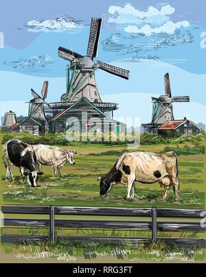Vector hand drawing Illustration of watermill in Amsterdam (Netherlands, Holland). Landmark of Holland. Watermill and cows grazing on the meadow.Color Stock Vector
